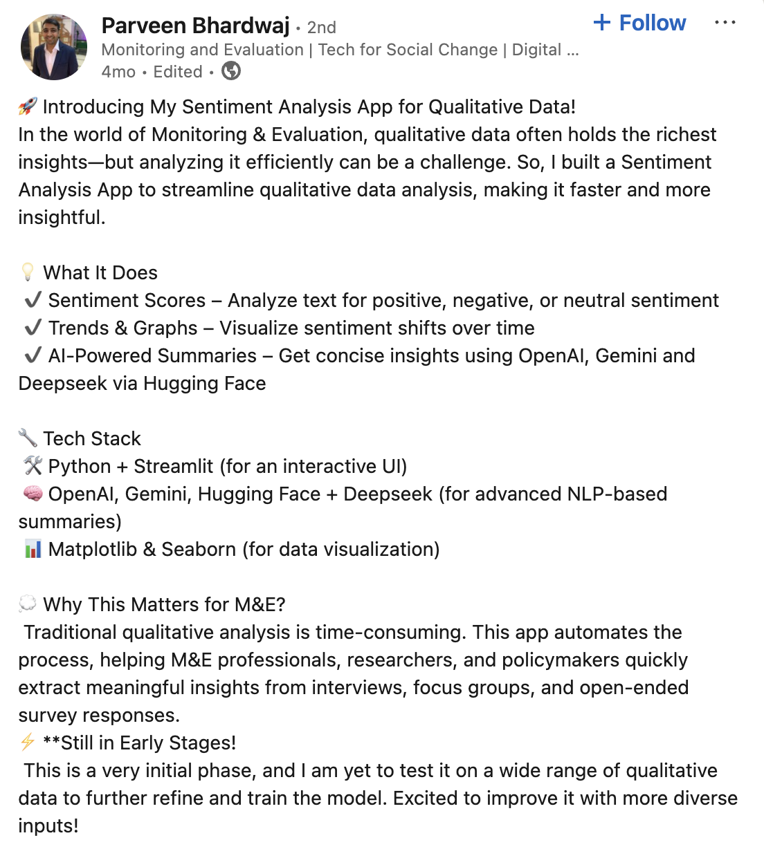 Parveen's LinkedIn post