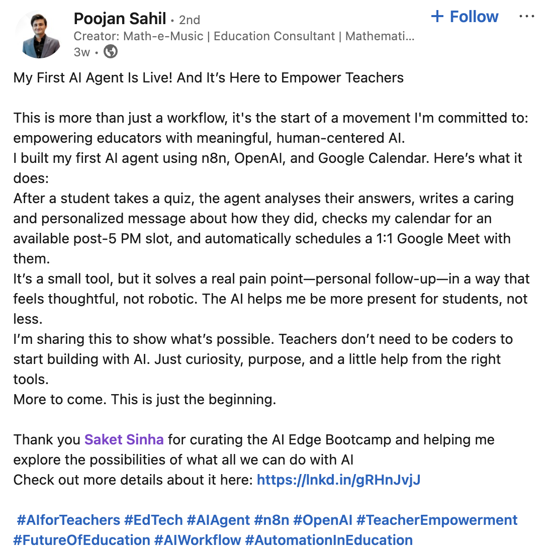 Poojan's LinkedIn post