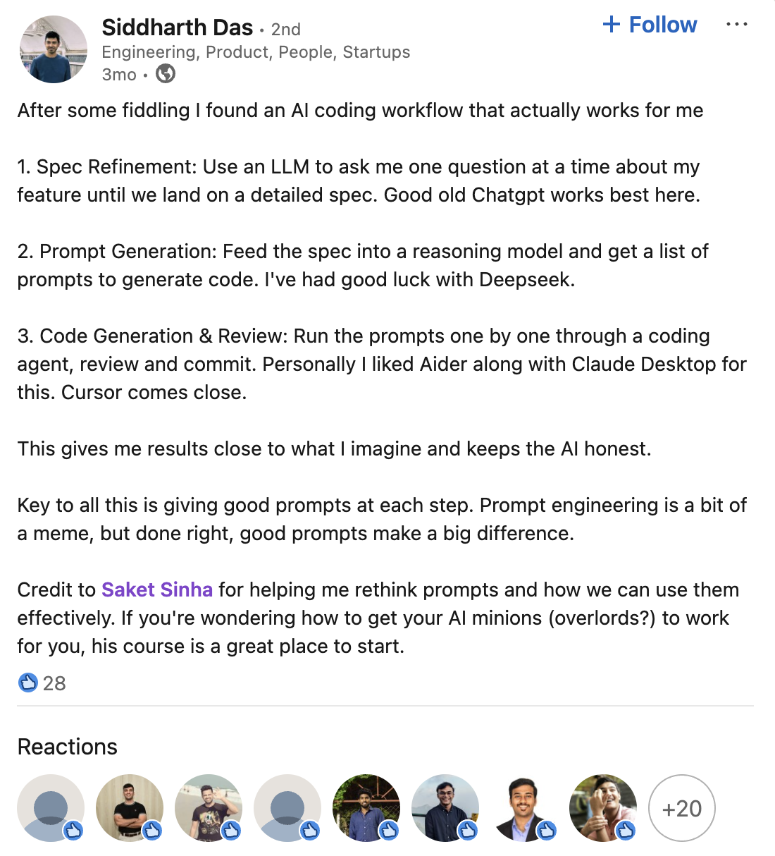 Siddharth's LinkedIn post
